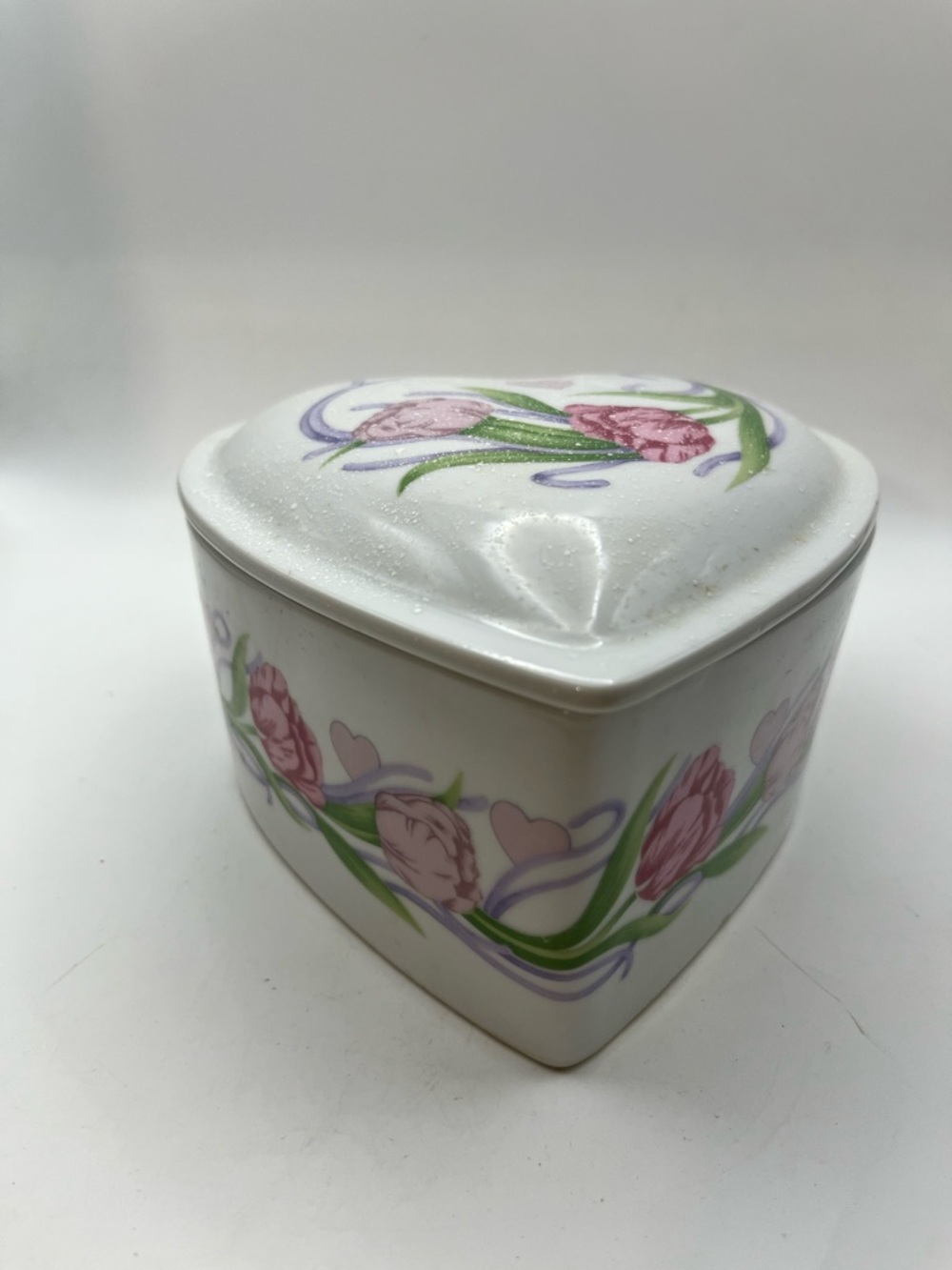 Heart-Shaped Floral Trinket Box - Pink and Green